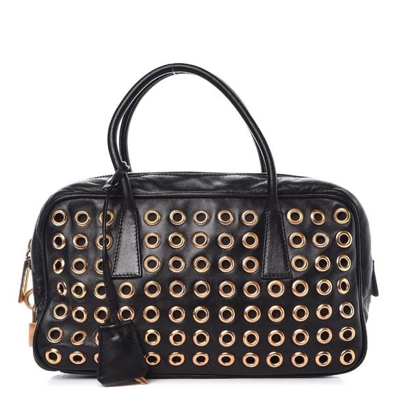Prada Gold Grommet Black Leather Hand Bag w/ Lock and Keys - Picture 2 of 11